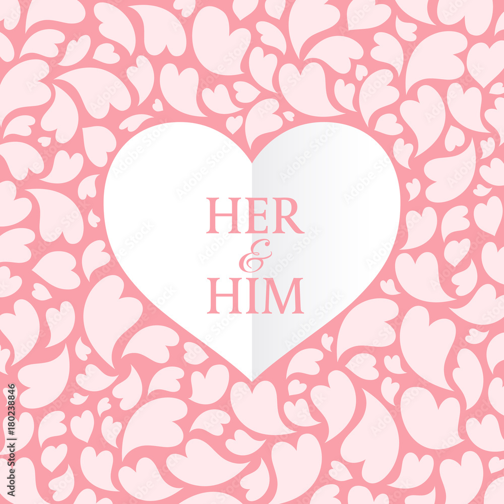 Her and him text in White heart and pink heart abstract background vector art design for wedding card or valentine's day
