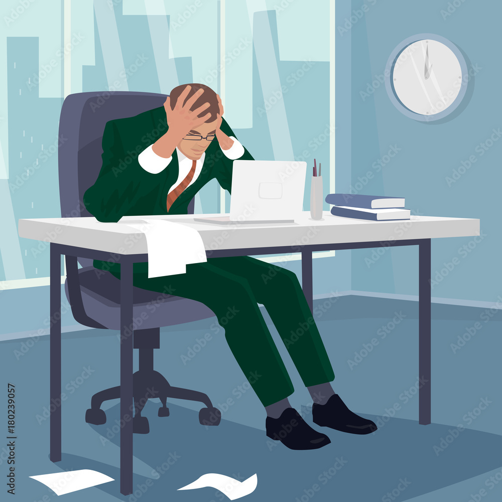 Businessman or manager grabbed his head in despair. Man sitting at table in  office, around mess. Failure or problem concept. Simplistic realistic comic  art style Stock Vector | Adobe Stock