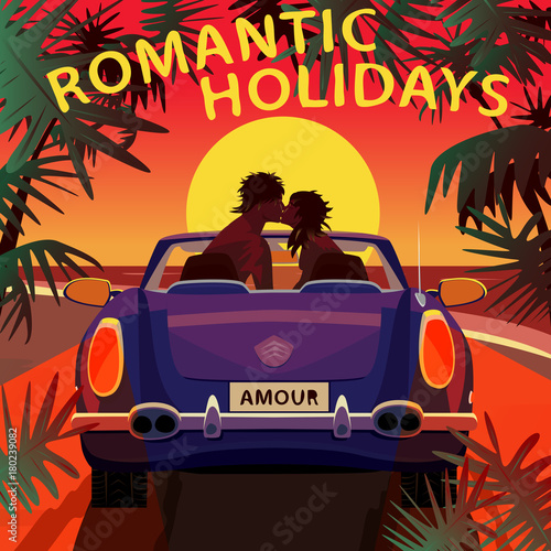 Young couple sitting in cabriolet car on beach near ocean at sunset and kissing. Back view. Lettering Romantic Holidays. Love in car concept. Simplistic realistic style