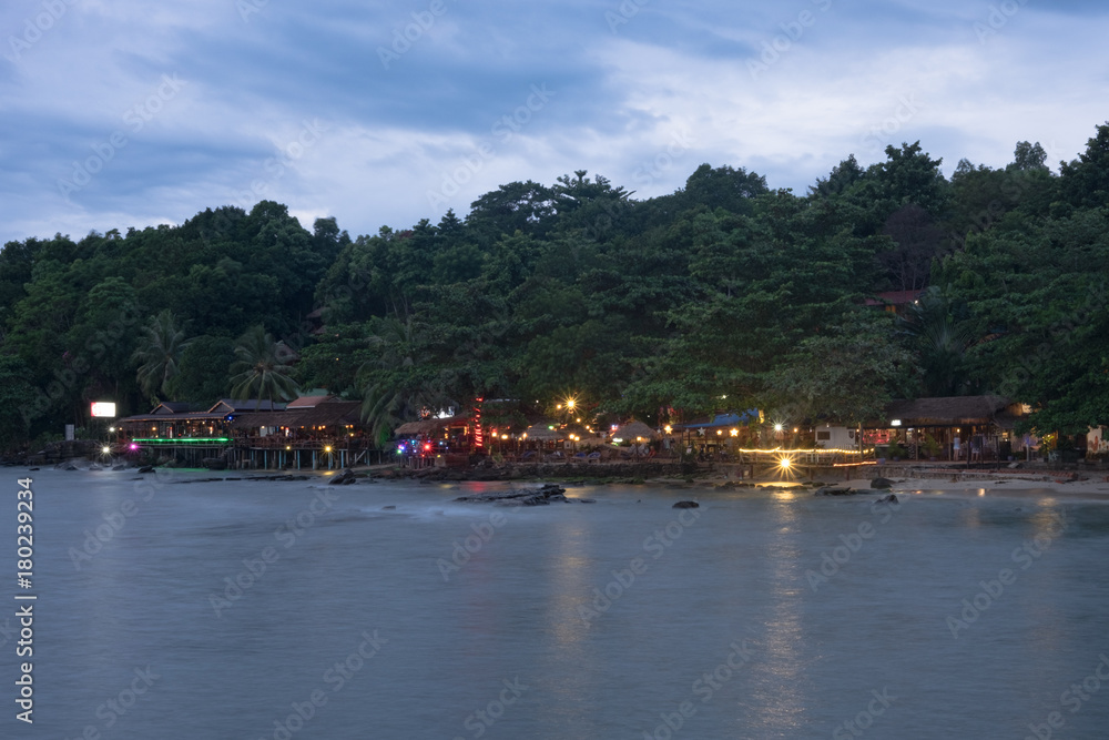 Colorful light of restaurants on the beach in Sihanoukville. Cambodia