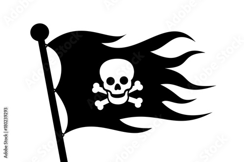 Wavy black pirate flag with bone and skull is on the flagpole. Symbol of piracy. Vector illustration