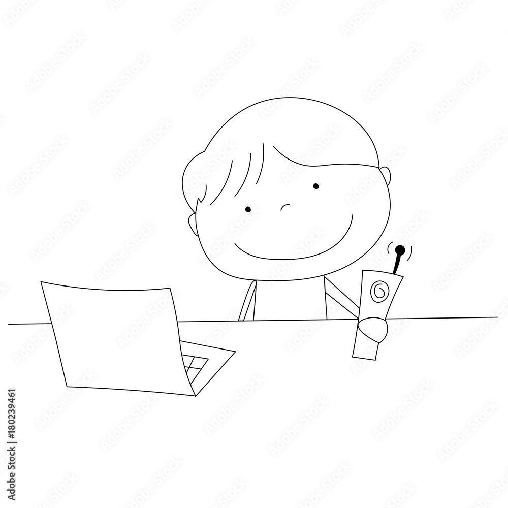 Boy with phone and laptop, cartoon style illustration Boy with phone and laptop, cartoon style illustration