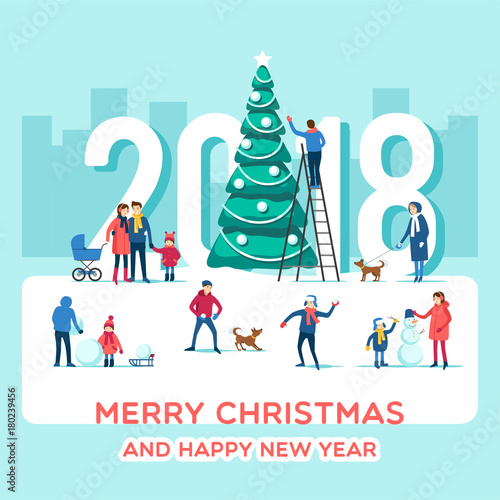 Snowy street. Urban winter landscape with people. Merry Christmas and Happy New Year greeting card. Holidays banner. Vector illustration flat design.