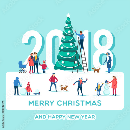 Snowy street. Urban winter landscape with people. Merry Christmas and Happy New Year greeting card. Holidays banner. Vector illustration flat design.