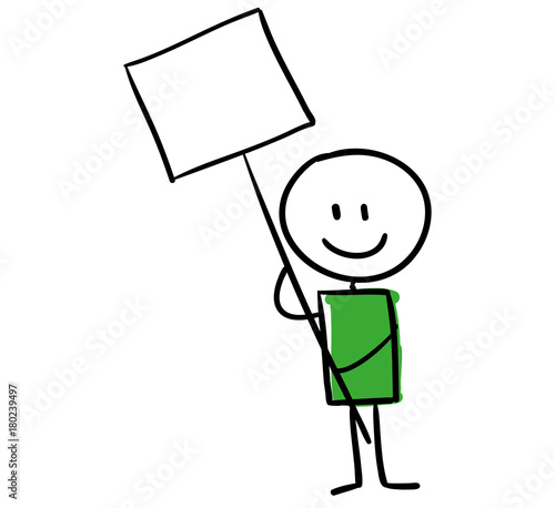 Green line man holding sign, cartoon style illustration