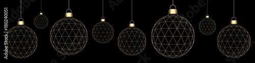 Bannière. Boules de Noël Lignes or, fond noir