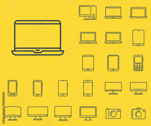 Modern laptop icon in set on the yellow background. 
Set of thin, linear and modern electronic equipment icons.
Universal linear icons to use in web and mobile app.