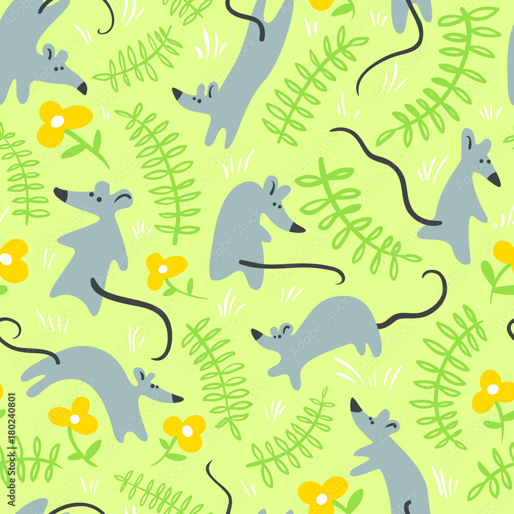 Obraz premium Seamless pattern with mouses. Background with cute rats in the grass. Floral vector illustration
