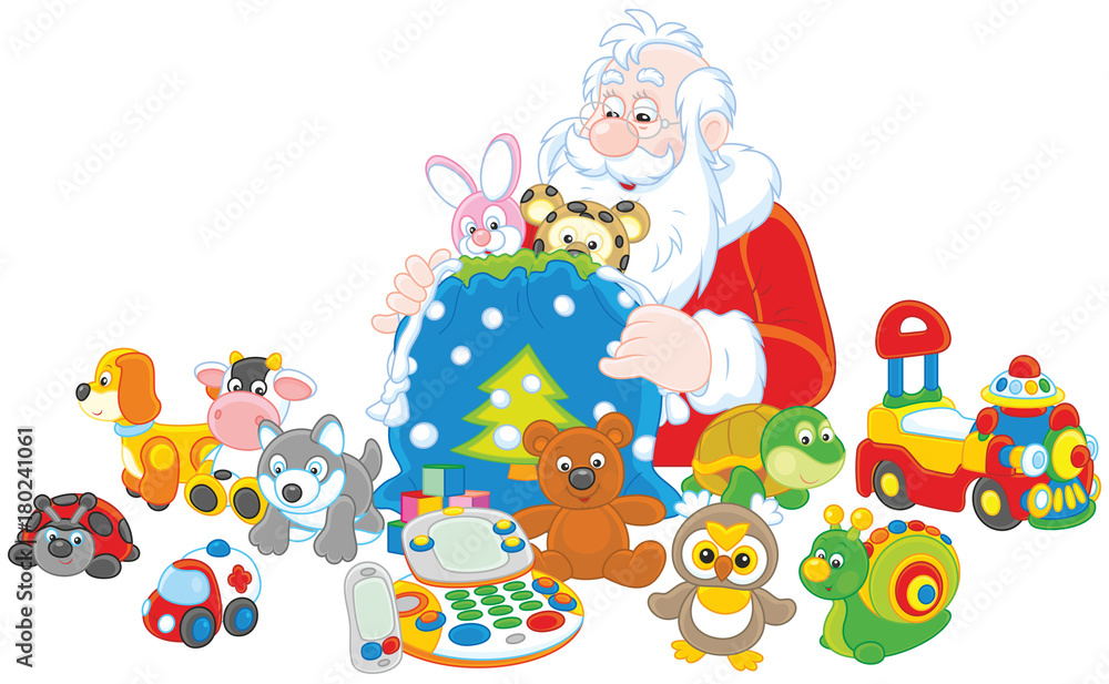 Naklejka premium Santa Claus putting Christmas gifts for children in his bag