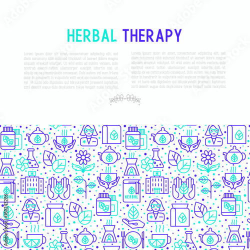 Herbal therapy concept with thin line icons: herbalist, decoction, aromatic oil, oil burner, tea. Vector illustration for banner, web page, print media.