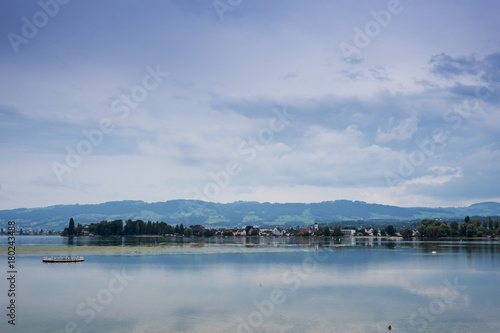 Mountains, valley, lake Constance and peaks landscape, natural environment. Hiking in the alps. Arbon, Switzerland, Europe