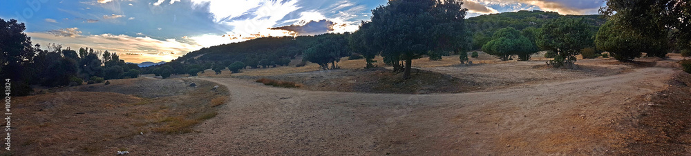Panoramic view of crossing two dirt roads at sunset