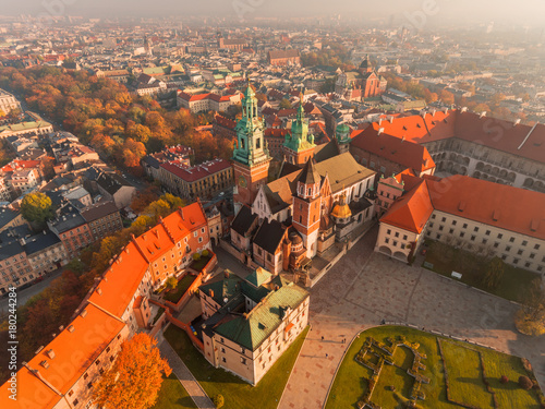 Krakow - Wawel castle at morning time, frome above, aerial drone view, panorama of the Wawel Royal Castle early morning.
