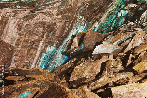 Abstract texture of the oxidated copper on the walls of the underground copper mine in Roros, Norway.