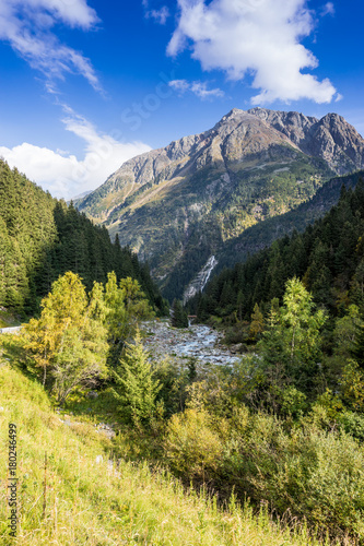 Mountain river and trees landscape natural environment. Hiking in the alps. Grawa Waterfall in Stubai Valley, Tyrol, Austria