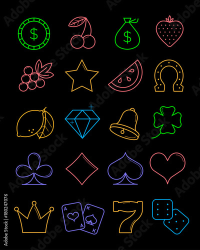 Bright casino line icons set. Vector slot-machine outline symbols.