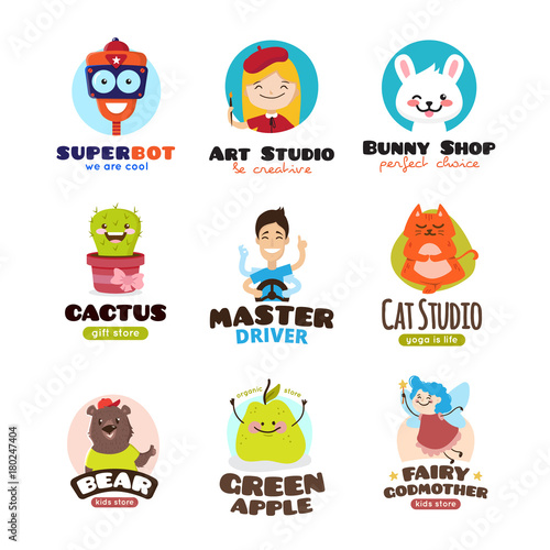 Cartoon mascots vector set. Kids logo design templates funny collection
