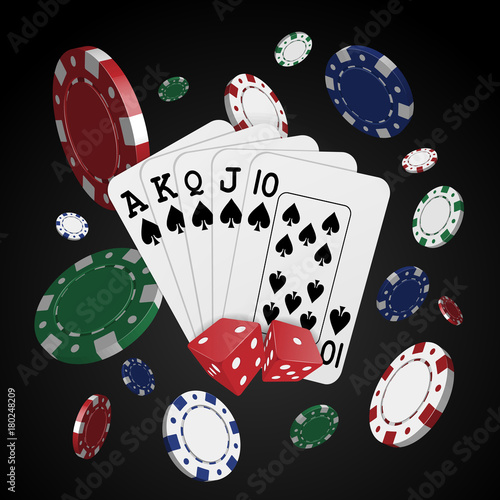 Cards surrounded by playing chips on a dark background. Gambling. Сazino. Royal Flush.