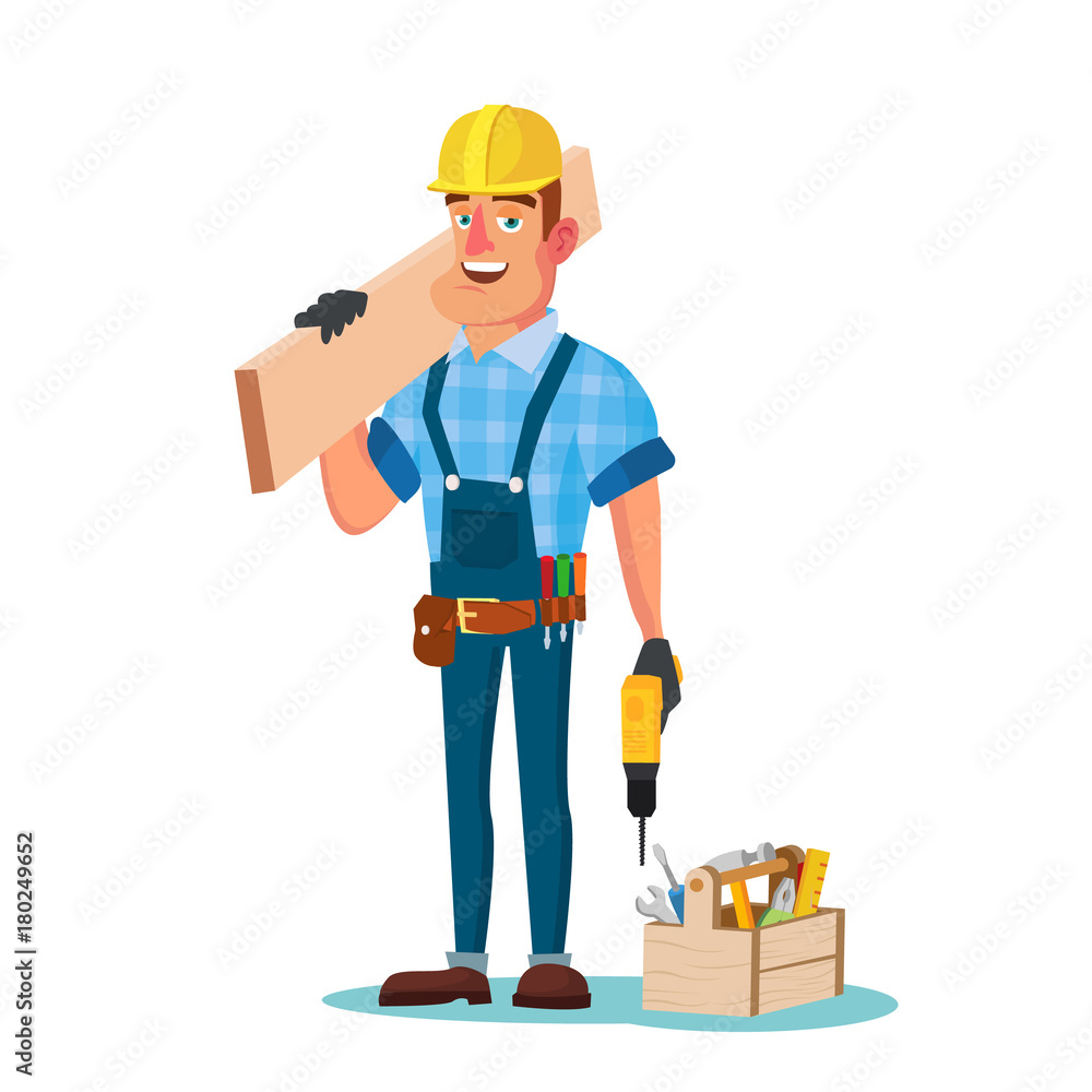 Construction Worker Building Timber Frame Vector. Classic Uniform And Helmet. Wooden Boards. Flat Cartoon Illustration Construction Worker Building Timber Frame Vector. Classic Uniform And Helmet. Wooden Boards. Flat Cartoon Illustration