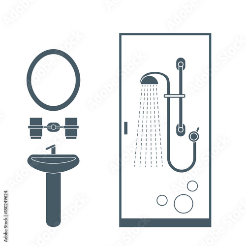 Cute vector illustration of bathroom interior design: shower cabin, washbasin, mirror and other.