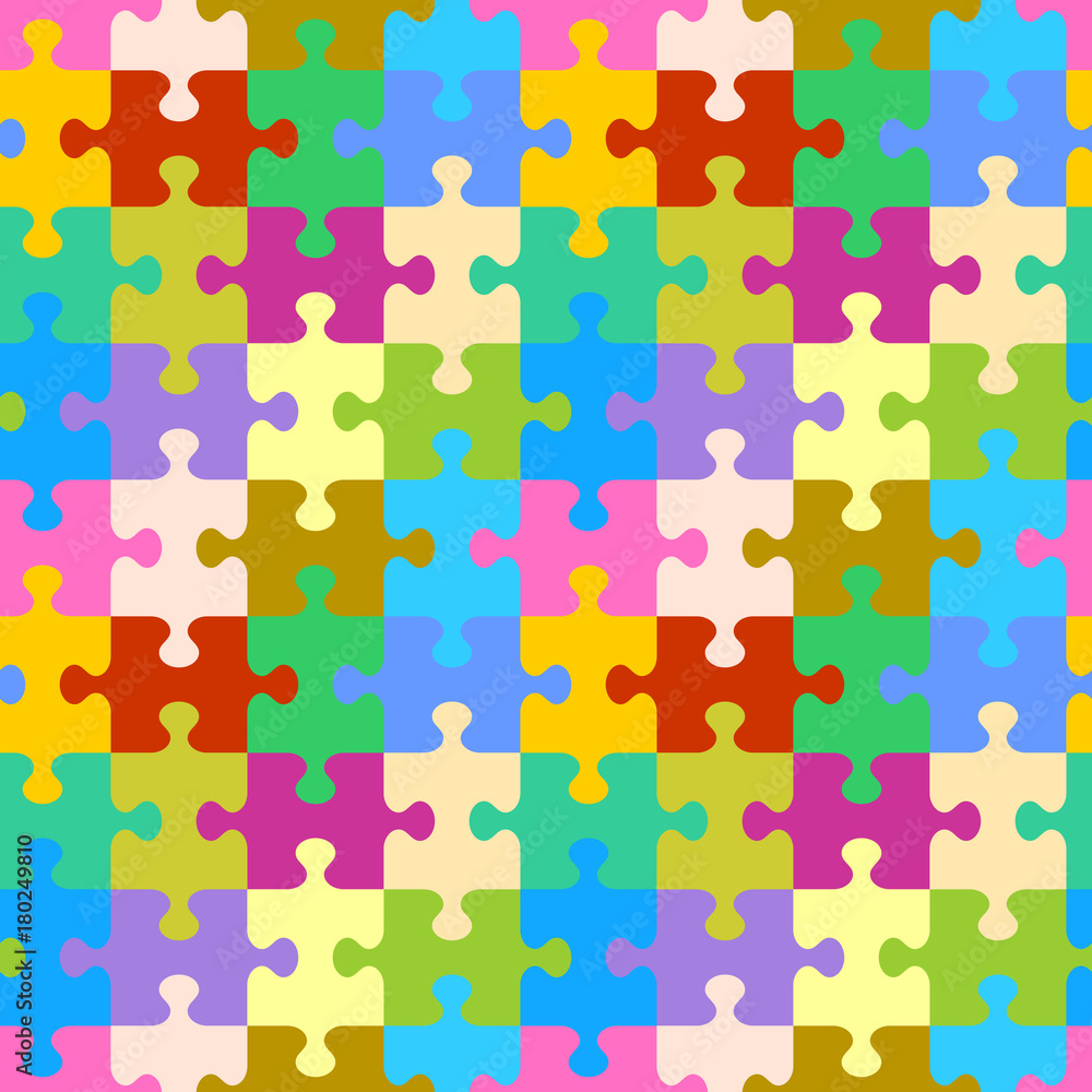 Seamless (you see 4 tiles) colorful jigsaw puzzle pattern, background,  print, swatch or wallpaper with classically shaped pieces  Stock-Vektorgrafik | Adobe Stock