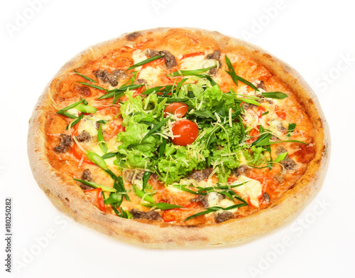 Take away food with crunchy edges. Spicy pizza with salad