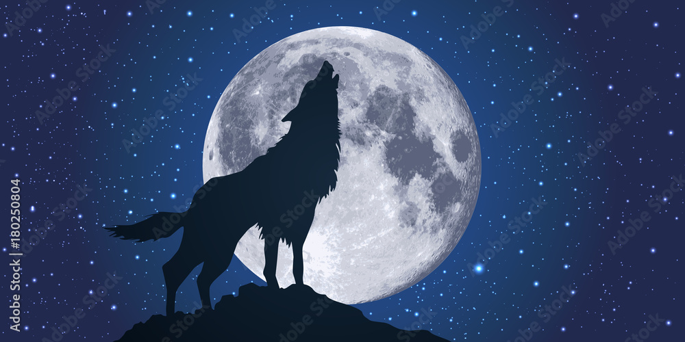Obraz premium wilk - księżyc - światło księżyca - wycie - noc - symbol - strach - dziki - niebezpieczny