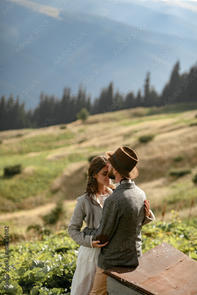 Newlyweds stand and hug on background of mountains.