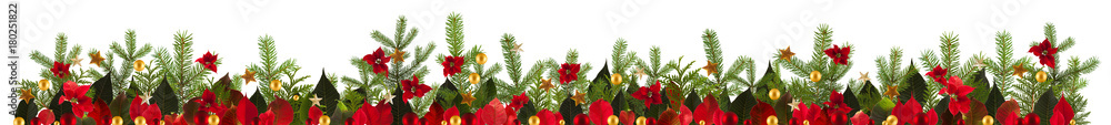 Christmas garland background with golden stars and poinsetta, free space for your text Christmas garland background with golden stars and poinsetta, free space for your text