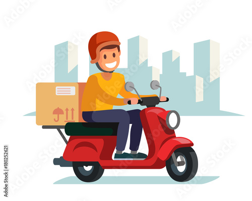 Delivery man riding red motor bike.