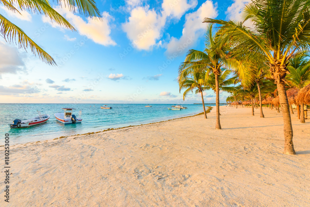 Fototapeta premium Sunrise at Akumal beach, paradise bay at Riviera Maya, caribbean coast of Mexico