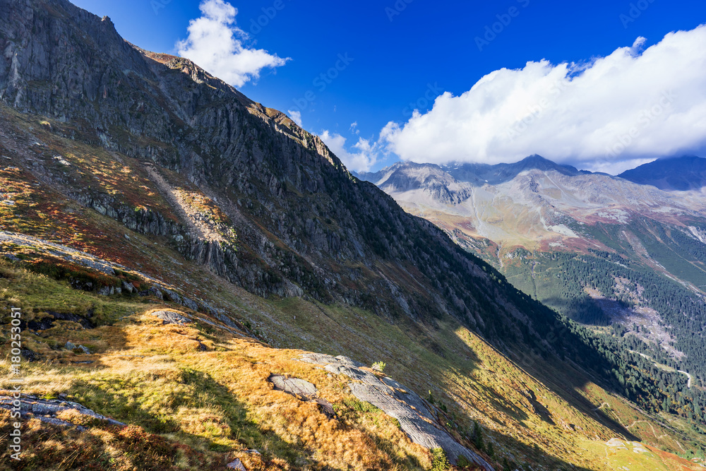 Mountains and peaks landscape. Stubaier Gletscher covered with glaciers and snow, natural environment. Hiking in the Stubai Alps. Ski resort in Tirol, Austria, Europe