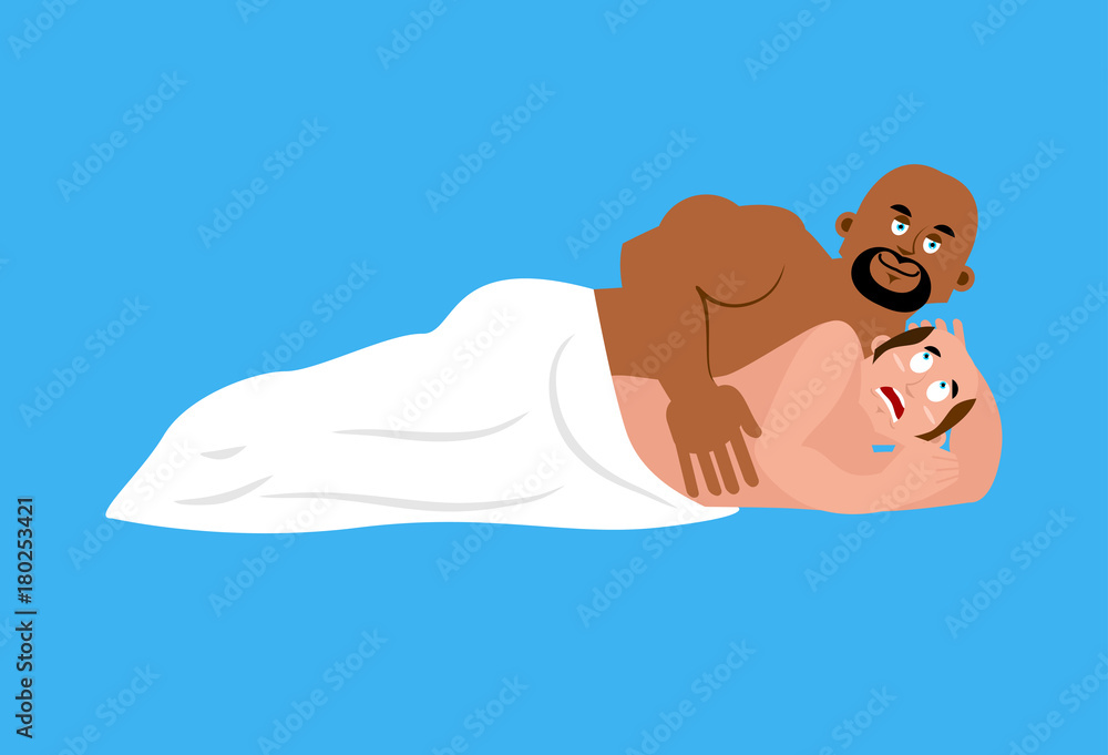 Broke Straight Boy. fear straight. Mans phobia. In bed with gay. Big gay is African American. Vector illustration - obrazy, fototapety, plakaty 