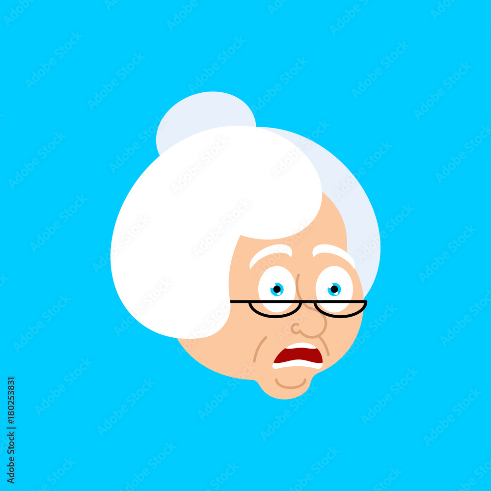 Grandmother OMG scared face avatar. Face grandma Oh my God emoji. Vector illustration Grandmother OMG scared face avatar. Face grandma Oh my God emoji. Vector illustration