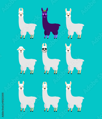 Lama Alpaca set emotion avatar. sad and angry face. guilty and sleeping. Animal sleeping emoji face. Beast Eggplant. Vector illustration