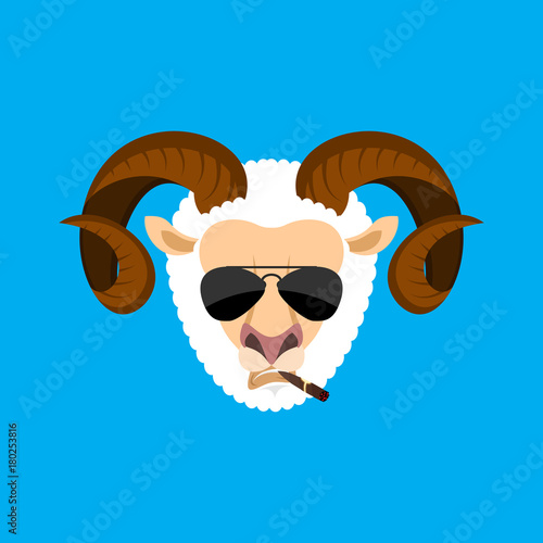 Ram Cool serious avatar of emotions. Sheep smoking cigar emoji. Farm animal strict. Vector illustration