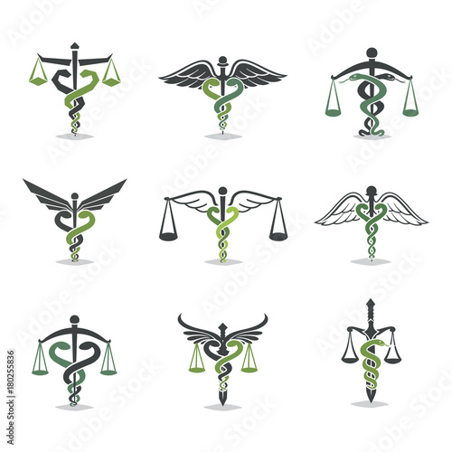 Health law icon. The set scales, justice, Academy, health care logos, emblems and design elements. Labels and badges Law firm, health, medicine, business.