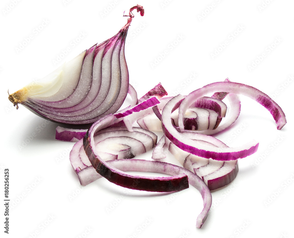 One quarter of red onion and sliced pieces isolated on white background.