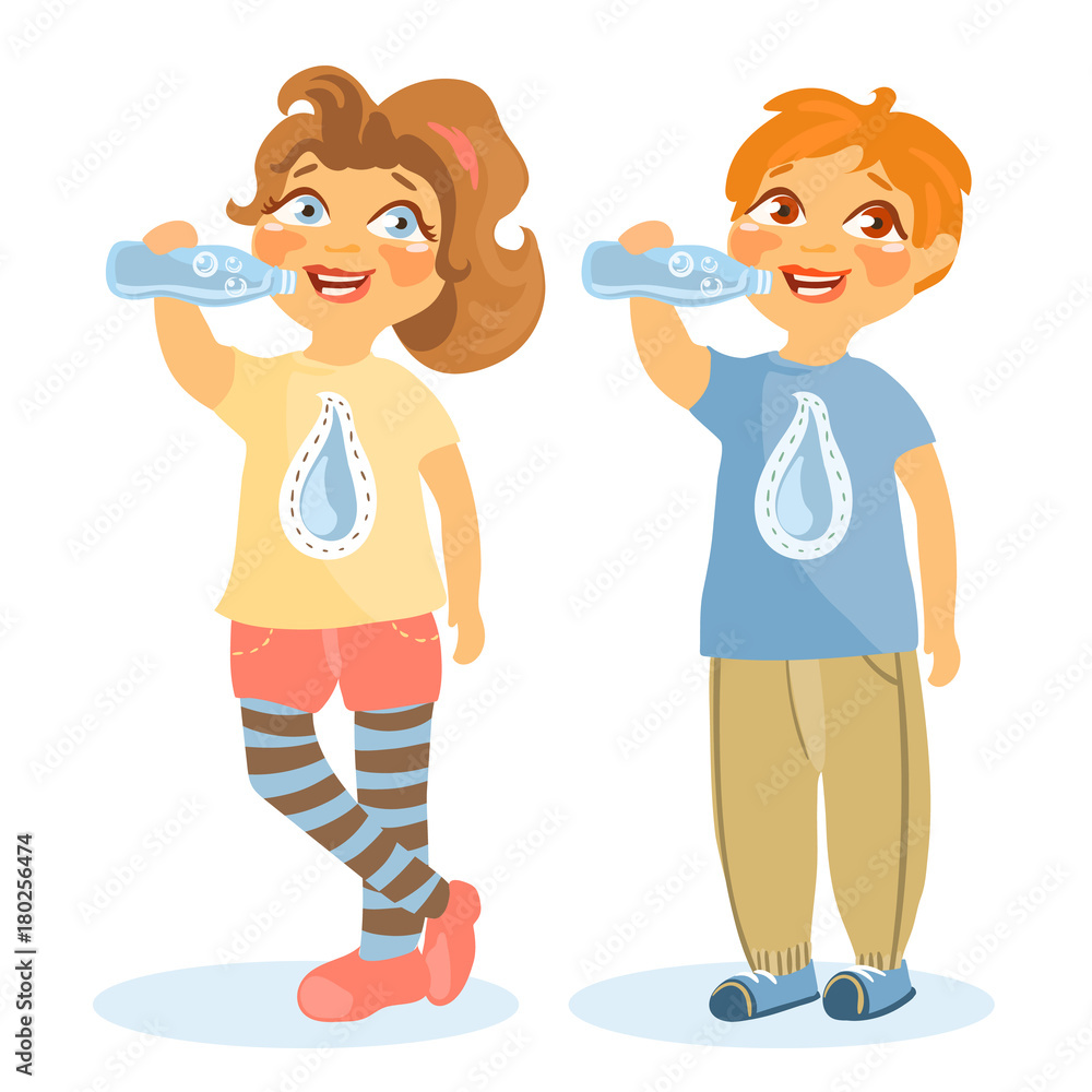 Adorable, cute kids, girl and boy drinking water from bottles. Funny,  cartoon children, flat illustration Stock Vector | Adobe Stock