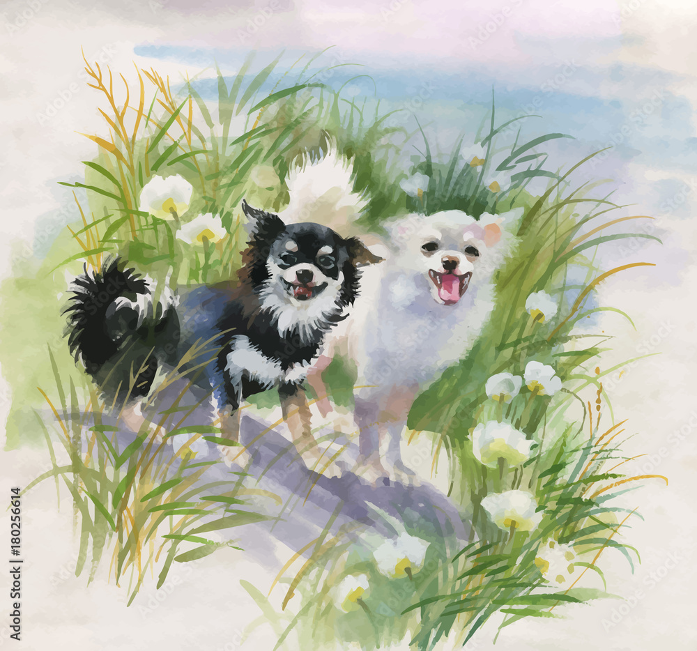 Obraz Ręka rysujący psy na naturze, akwareli ilustracja.