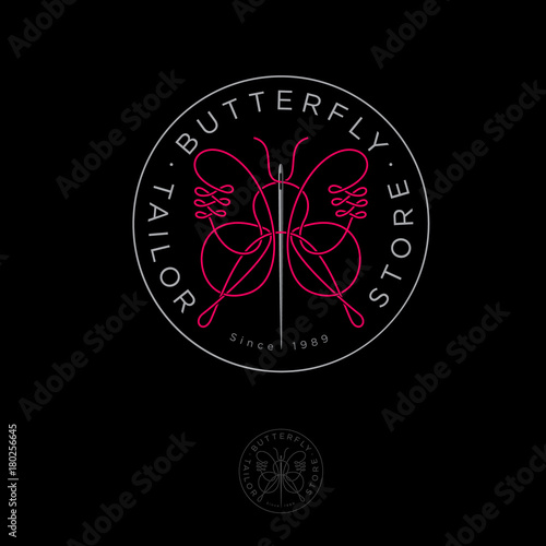 Tailor shop logo. Emblem of the sewing studio. Clothes designer. Thread like a butterfly and a needle emblem.