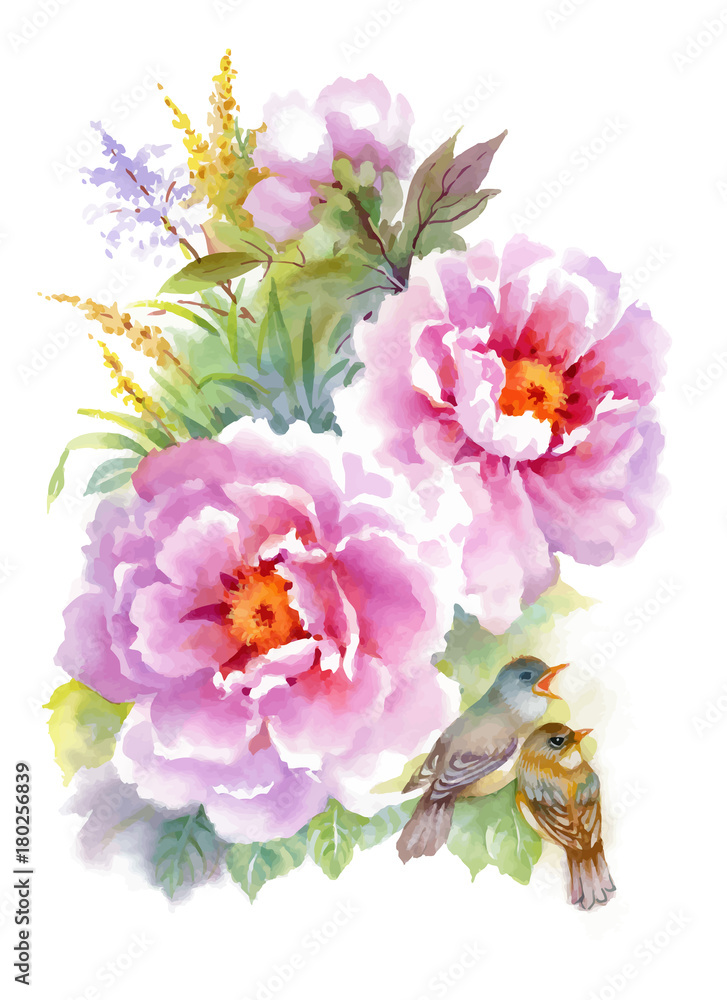 Watercolor flowers and birds on white background.