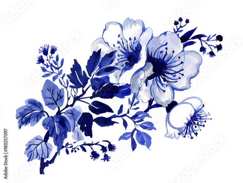 branch of a blooming tree in blue tones.