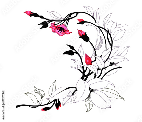 Hand drawn painting with colorful flowers on white background.