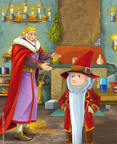 cartoon scene with happy king standing the kitchen and talking with a dwarf illustration for children