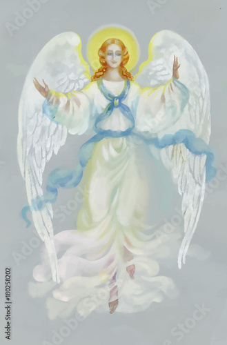 Beautiful angel with wings on grey background.