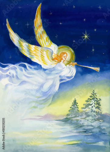 Merry Christmas and New Year Greeting Card with Beautiful Angel with Wings, Watercolor Illustration.