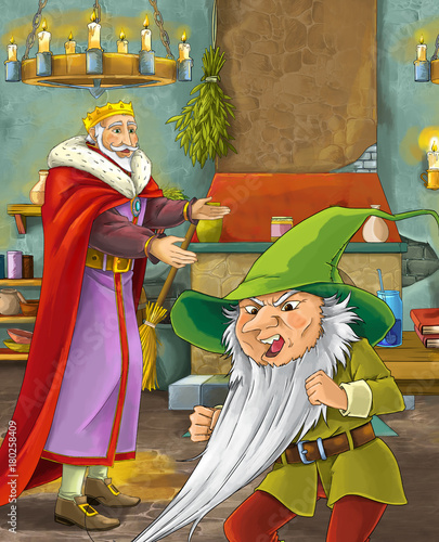 cartoon scene with happy king standing the kitchen and talking with a dwarf illustration for children
