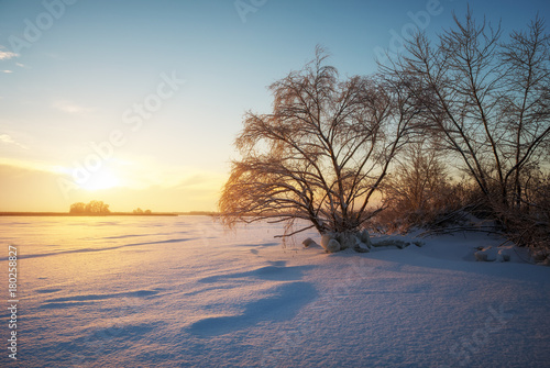 Beautiful winter landscape with frozen lake, trees and sunset sky