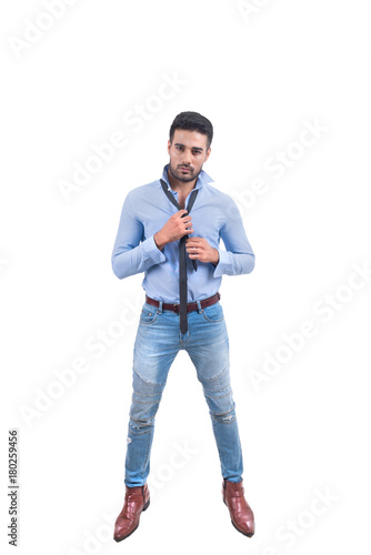 Handsome guy on blue shirt and jeans,life style of modern man isolate on white background,this has clipping path